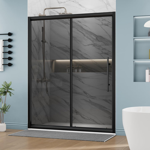 DELAVIN 60" W x 75" H Semi-Frameless Shower Glass Door, Black Shower Door
