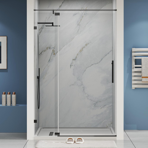 ZKRK Frameless Hinged Shower Door, 8mm Tempered Glass, Matte Black Hardware