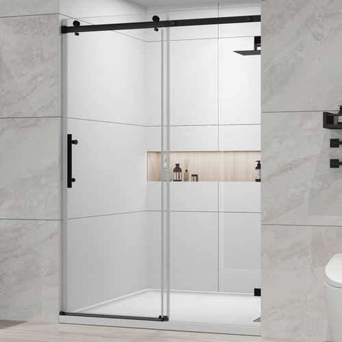 ZKRK Sliding Glass Shower Door, 56-60in Wide, 76in High, Black Hardware