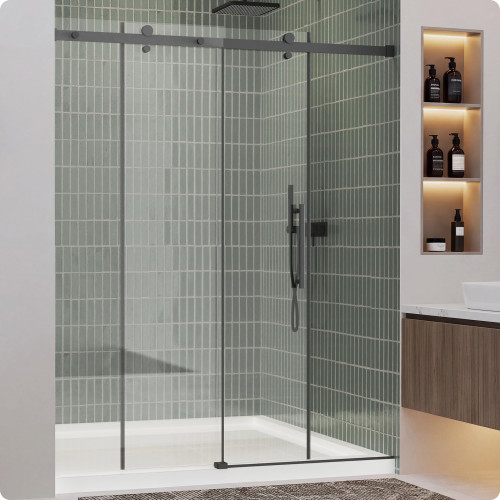 Framless Glass Shower Door Sliding, 56-60" W x 72" H, Matte Black, Clear