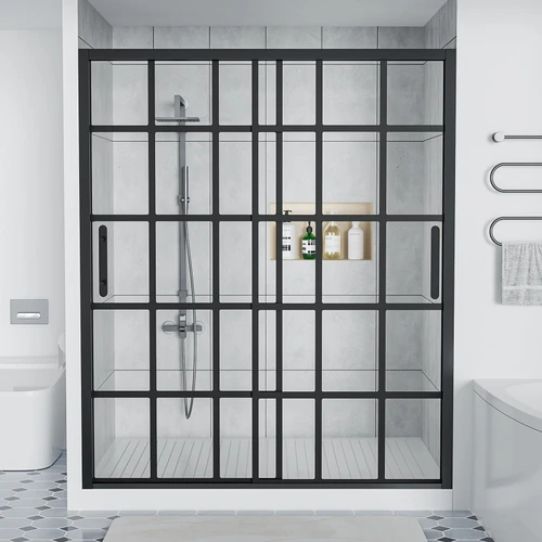 CFKEJI Double Sliding Shower Door, 60" W x 76" H 3/8" (10mm) Thick, Grid