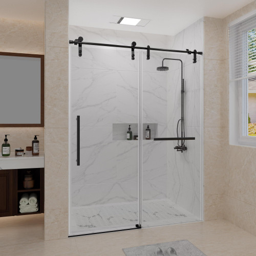 Trumbeak 56-60" W x 76" H Frameless Shower Door,Sliding Shower Door with 5/16"(8mm) Clear SGCC Tempered Glass,Glass Shower Door w/Seal Strip Parts and Handle,Stainless Steel Hardware,Black