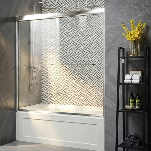56''-60" W×62" H Gloss Chrome Bathtub Shower Door, 60 Inches Semi Frameless Glass Door for Bath tub, Reversible Adjustable Bathroom Sliding Glass Shower Door with 1/4" (6mm) Clear SGCC Tempered Glass