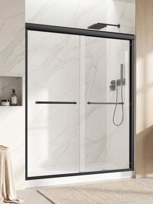 Sliding Glass Shower Door, 56-60" W x 72" H, Matte Black Aluminum Frame