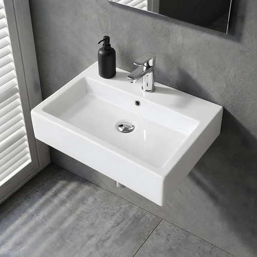 NUESTRA VIDA Wall Mount Bathroom Sink, 24" x 16.7" Rectangular White Ceramic Wall Hung Vanity Sink with Faucet Hole & Overflow, Floating Porcelain Hand Wash Basin