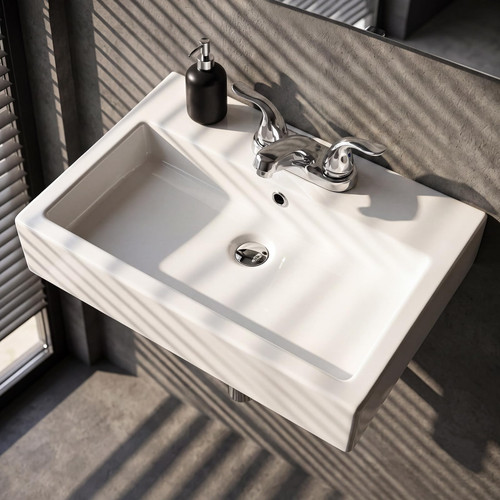 NUESTRA VIDA 4-Inch Centerset Wall Mount Sink, 24" x 16.7" Rectangular White Ceramic Wall Hung Vanity Sink with Overflow, Floating Porcelain Hand Wash Basin