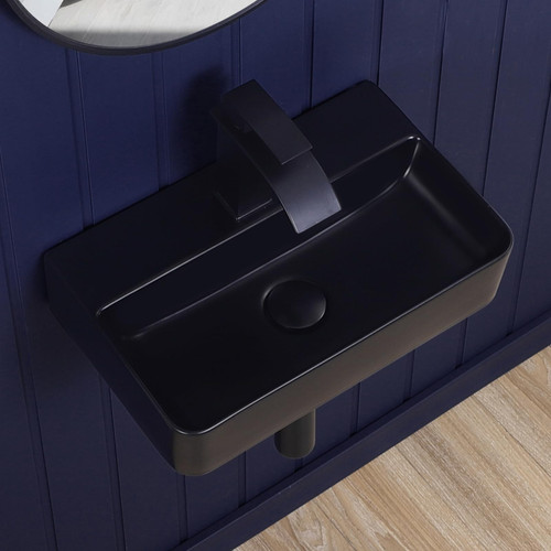 KMOEM Wall Mount Bathroom Vessel Sink Matte Black 17.7"x11" Rectangular Floating Porcelain Ceramic Black Wall Hung Vanity Basin Sink for Home,RV,Bathroom