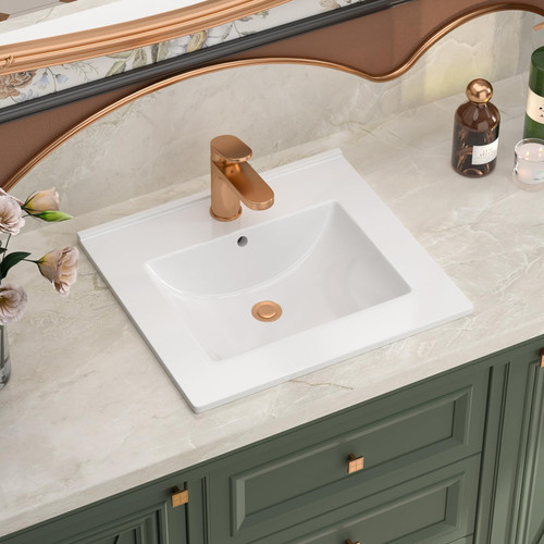 CHIKESI Drop In Bathroom Sink 18" x 18" - 1 Faucet Holes,Rectangular White Porcelain Ceramic Vanity Top Sink with Overflow, Modern Vessel Sink for Bathroom