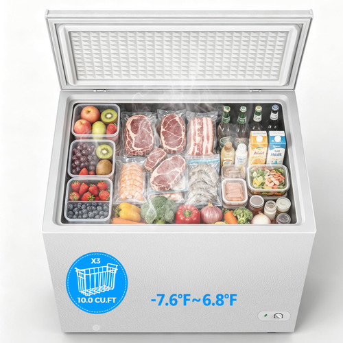 COWSAR 10.0 Cu.Ft Chest Freezer, Garage Ready Deep Freezer with 3 Removable Baskets, Top Door Open Freestanding Freezer, 7-Level Temperature Control, Defrost Drain for Home Garage Kitchen, White
