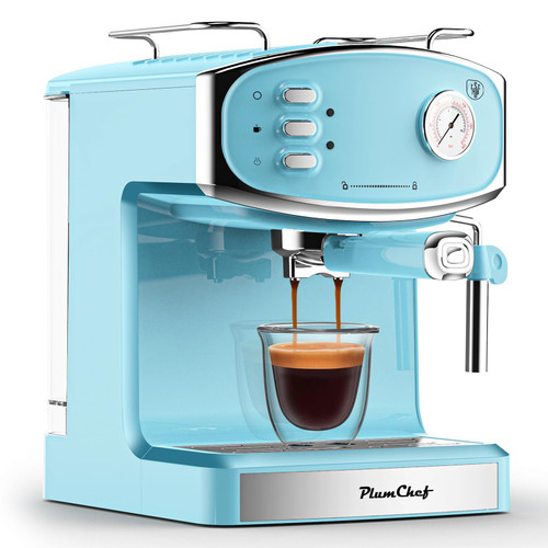 Plum chef 20 Bar Espresso Machine with Milk Frother, Dual Shot Coffee Maker, ESE Pod, Coffee Machine with Pressure Display, 54 OZ Removable Water Tank for Home Barista (Blue)
