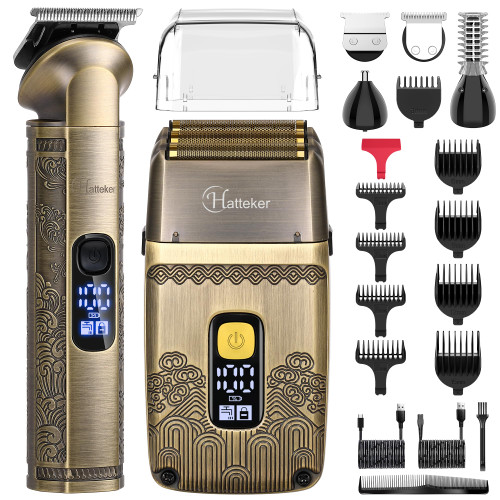 Hatteker Men Waterproof Cordless Beard Trimmer Clipper & Foil Shaver All-in-One Kit