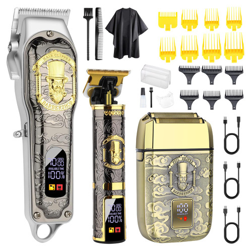 HIENA PRO Professional Hair Clipper Set for Men, Rechargeable Cordless Clippers and Trimmers Set, Electric Foil Shavers and Beard Trimmers, Hair Cutting Tools with LED Display, Gifts for Men