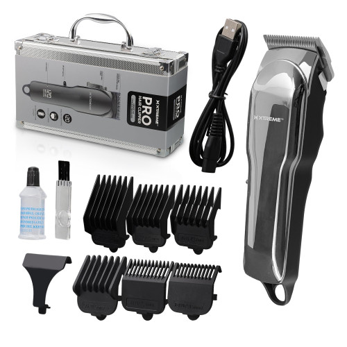 XTREME Pro Cordless Hair Clipper for Men, Professional Clippers with Ceramic and Stainless-Steel Blades, Adjustable Taper, 6 Guide Combs, 120 Minute Run Time, LCD Display, Metal Travel Case, Silver