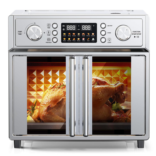 26QT Air Fryer Convection Oven Toaster Oven Combo, 7-in-1 French Door Countertop Oven with 14 Presets, Large Capacity Smart Oven for Baking Roasting Dehydrating and Air Frying Stainless Steel