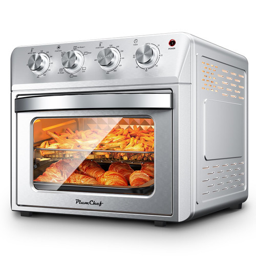 Plum chef 27.5QT 6-in-1 Air Fryer Toaster Oven Extra Large Dropdown-Door 6-Slice Convection Oven for Air Frying, Baking, Roasting, Broiling & Grilling, Stainless Steel Housing, Stainless Steel