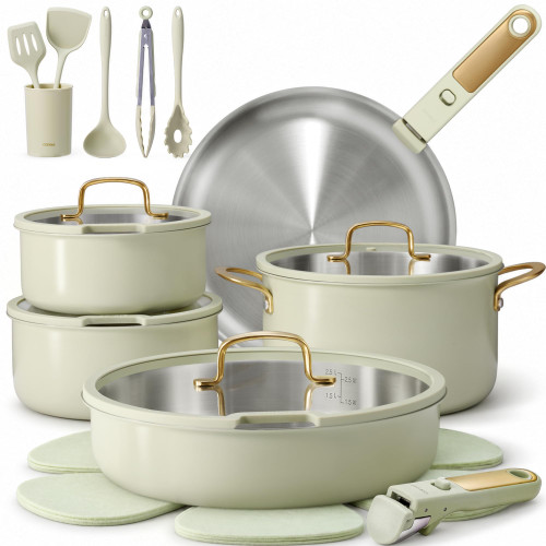 CAROTE 21pcs Tri-Ply stainless steel pots and pans set Detachable Handle