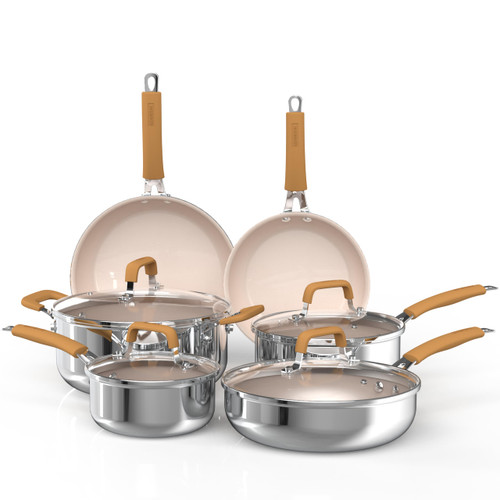 MOSIECH 14 Piece Stainless-Clad Aluminum Cookware Set, Pots and Pans Set