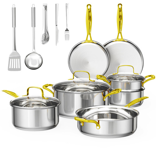 Stainless Steel Cookware Set, 26 Piece Tri-Ply Pots and Pans Set