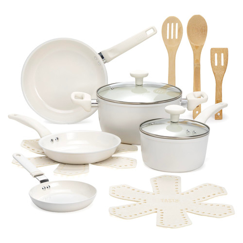 Tasty Ceramic Pots and Pans Set, Healthy Nonstick Cookware Set, Soft Touch Stay Cool Handles, Made without PFAS, PFOA, PFOS and PTFE, Even Heating, Dishwasher Safe, 12-Piece, White