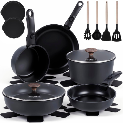 20-Piece Ceramic Pots and Pans Set, Nonstick Cookware Set with Detachable Handle, Stackable Kitchen Set, PFAS-Free, Oven & Dishwasher Safe