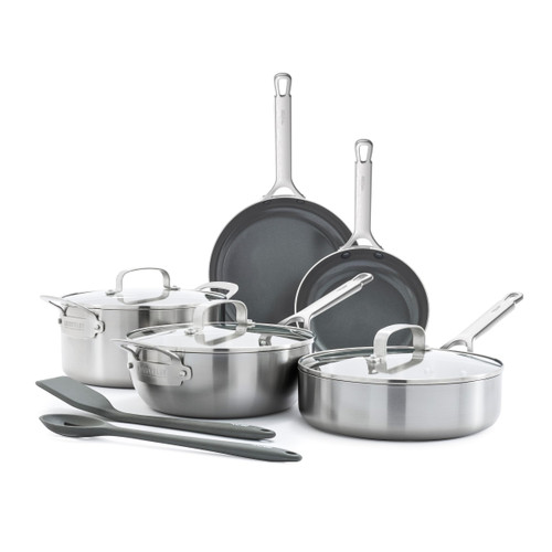 GreenPan x Bobby Flay Stainless Steel 10 Piece Cookware Pots & Pans Set, Professional Grade Tri-Ply, PFAS-Free Ceramic Nonstick, Induction Suitable, Dishwasher & Oven Safe