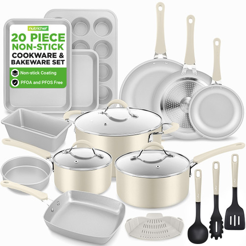 NutriChef 20 Pc Cookware Set Non Stick with Baking Pans, Pots and Pans