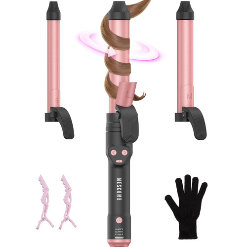 Automatic Curling Iron 1 Inch with 3-in-1 Interchangeable Barrels for Tangle-Free Beach Waves Curls, Beginner Friendly Anti-Tangle Hair Curler, Worldwide Dual Voltage Travel for Long Short Hair Pink