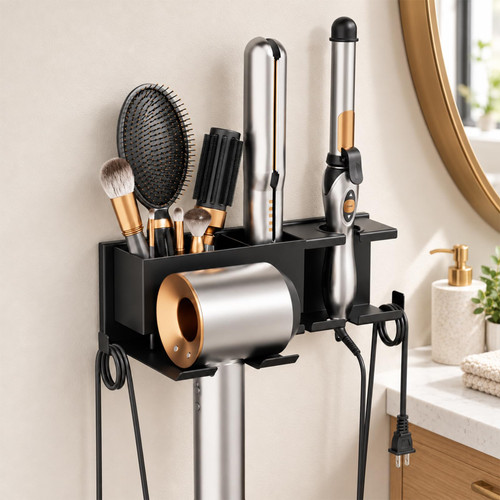 Oiseco Hair Dryer Holder Hot Tools Organizer, Blow Dryer Holder Wall Mount, Bathroom Hair Tool Organizer Rack for Universal Dryer Black