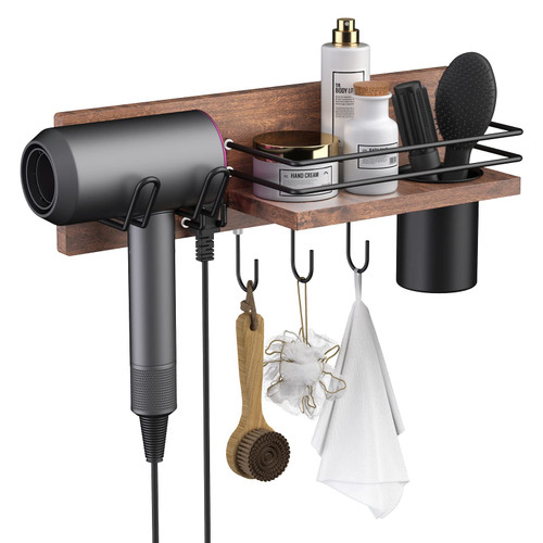 RoleDes Wooden Wall Mounted Hair Dryer Holder, Bathroom Hair Tool Organizer