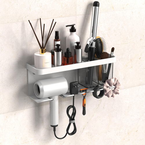 YIHOFLO Hair Dryer Holder Wall Mounted Adhesive/Drilling, Hair Dryer Storage Organizer with Shelf & Hooks for Bathroom, Blow Dryer Holder, Hair Tool Organizer (White)