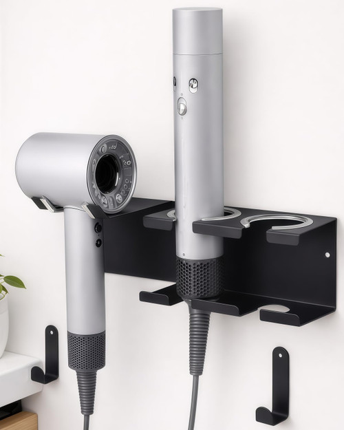 Hair Tool Organizer, Stainless Steel Hair Dryer and Straightener Holder, Curling Iron Holder Wall Mount 3-in-1 Storage for Bathroom, Hair Dryer Holder Black BANJEKT