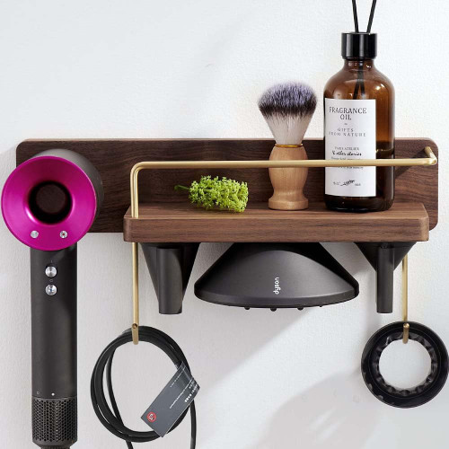 Amersis Wallmount Hair Dryer Holder Rack Compatible with Dyson Supersonic Hair Dryer Blow Dryer Accessories and Attachments Organizer Storage Rack, Walnut Wood(Hair Dryer & Attachments not Included)