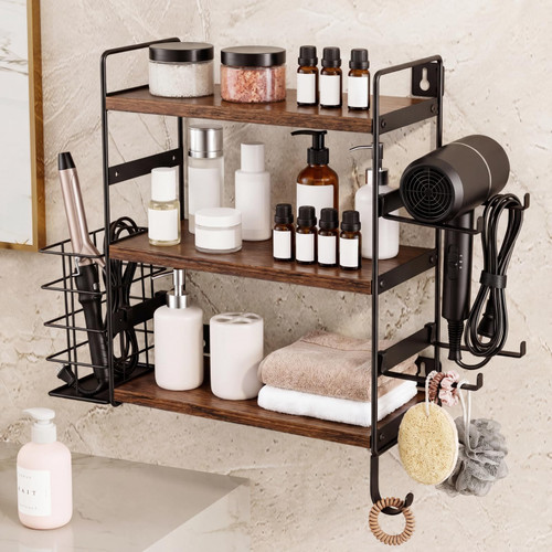 Nuanchu 3-Tier Wall Mounted Hair Dryer Holder, Adjustable Wood Metal Shelf