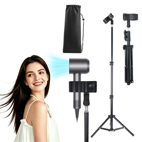 Hands Free Hair Dryer Stand with Tripod, 23.6-47.2 Inch Adjustable Height, 180° Rotating Universal Clip, Foldable Metal Blow Dryer Holder for Bathroom Vanity Makeup Room Home Styling & Pet Grooming, Fits Most Hair Dryers