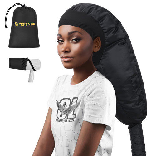 TEPENAR Hair Dryer Bonnet Attachment: Upgraded Extra Large Hooded Dryer Adjustable Hair Dryer Caps - Easy to Use for Natural Curly Textured Hair Care Styling Fast Drying - Black