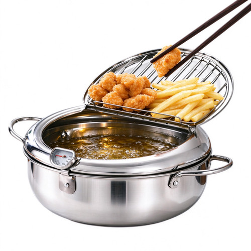 304 Stainless Steel Deep Fryer Pot with Basket and Thermometer (9.4"/3.2L)