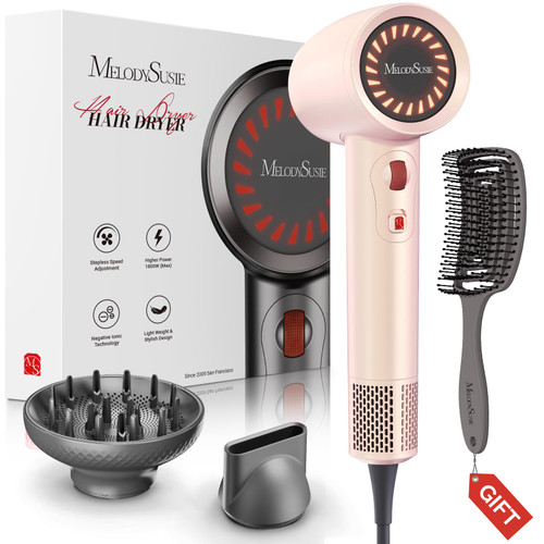MelodySusie Hair Dryer with Diffuser,1600W Fast Drying Low Noise Ionic Hair Dryer for Curly Hair with Diffuser,Nozzle and Hair Brush,120,000 RPM Blow Dryer Ideal for Women,Light Pink