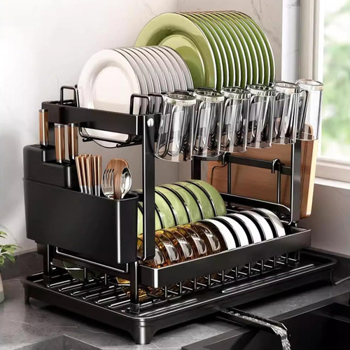 2 Tier Dish Drying Rack with Drainboard Set, Knife Holder and Cup Holder, Foldable Dish Rack Beside Sink for Kitchen and Living Room