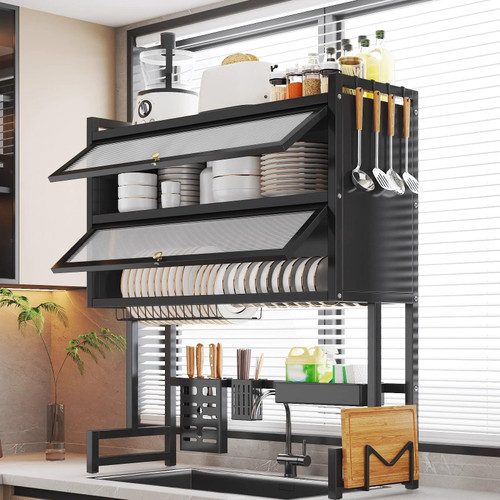 Dish Drying Rack, Double Layer Space Saver with Hooks for Kitchen