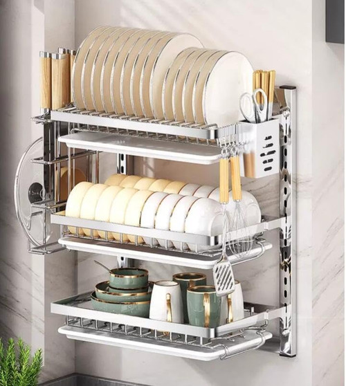 Wall Mounted inless Steel Dish Rack with Removable Drip Tray, Foldable Cup Holder & Bowl Shelves - Space-Saving Kitchen Dish Drainer for Easy Drying & nizat