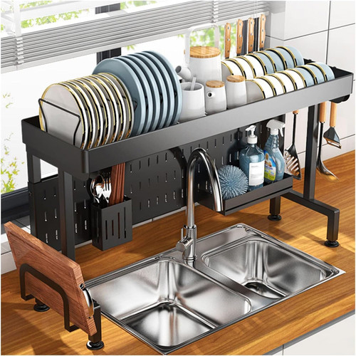 Over the Sink Dish Drying Rack Single-Tier Stainless Steel Adjustable Kitchen Drainer Organizer Space Saving Black 68-48 X 27cm