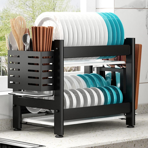2 Tier Stainless Steel Dish Drying Rack for Kitchen Countertop,Rustproof Dish Drainer with Drip Trays,Black