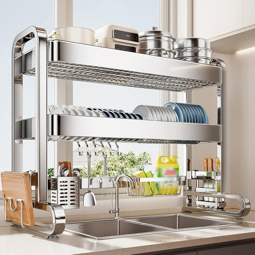 Over Sink Dish Drying Rack,2 Tier 304 Stainless Steel Kitchen Organizer,Space-Saving Drainer for Plates and Glasses