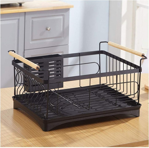 Dish Drying Rack with Full-Mesh Basket,Utensil Holder & Wine Glass Holder for Kitchen Countertop,Black