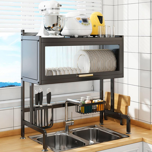 Over Sink Dish Drying Rack Kitchen Storage Shelf with Cover,Black,75cm