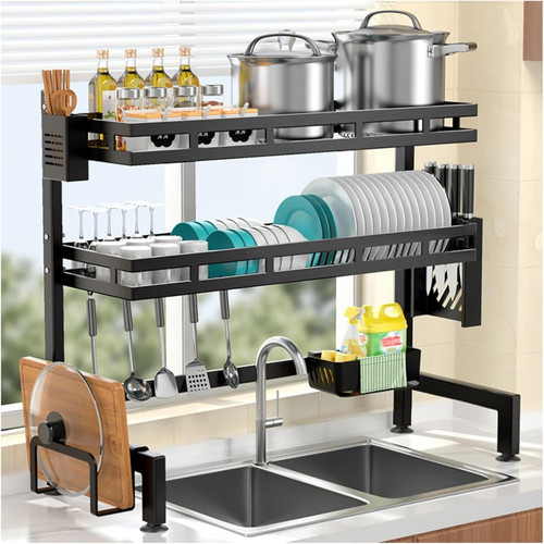 2 Tier Stainless Steel Over Sink Dish Drying Rack Kitchen Counter Organizer,Black,65x82x27cm