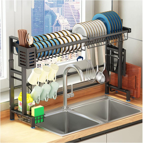 Over the Sink Dish Drying Rack Stainless Steel Drainer Shelf with Utensil Holders Adjustable Kitchen Organizer White