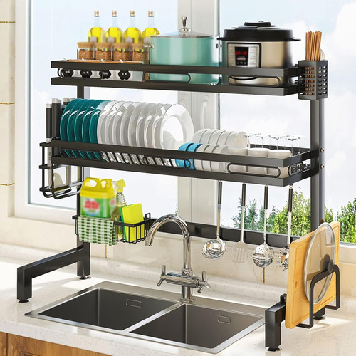 Over the Sink Dish Drying Rack with Utensil Holder and Cutting Board Holder for Kitchen Counter,33.4 Inch