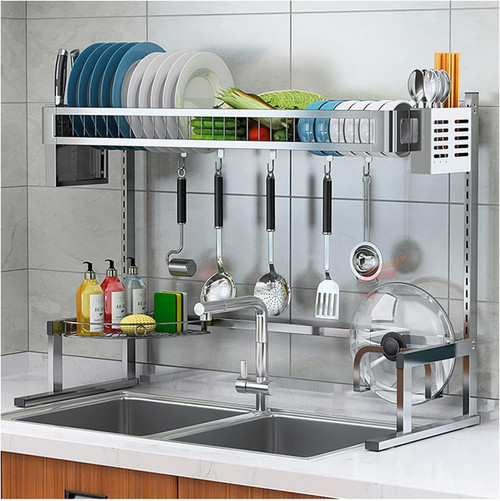 Over the Sink Dish Drying Rack,Large Stainless Steel Kitchen Counter Organizer Shelf with Utensil Holders,Silver-B