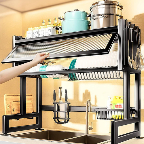 Over Sink Dish Drying Rack,3 Tier Expandable Metal Dish Rack with Utensil Cup Holder,75cm
